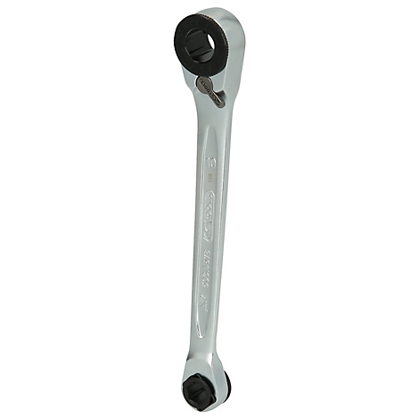 Metall-Ratschenschlüssel mit schwarzen Öffnungen und hellem, glänzendem Gehäuse.